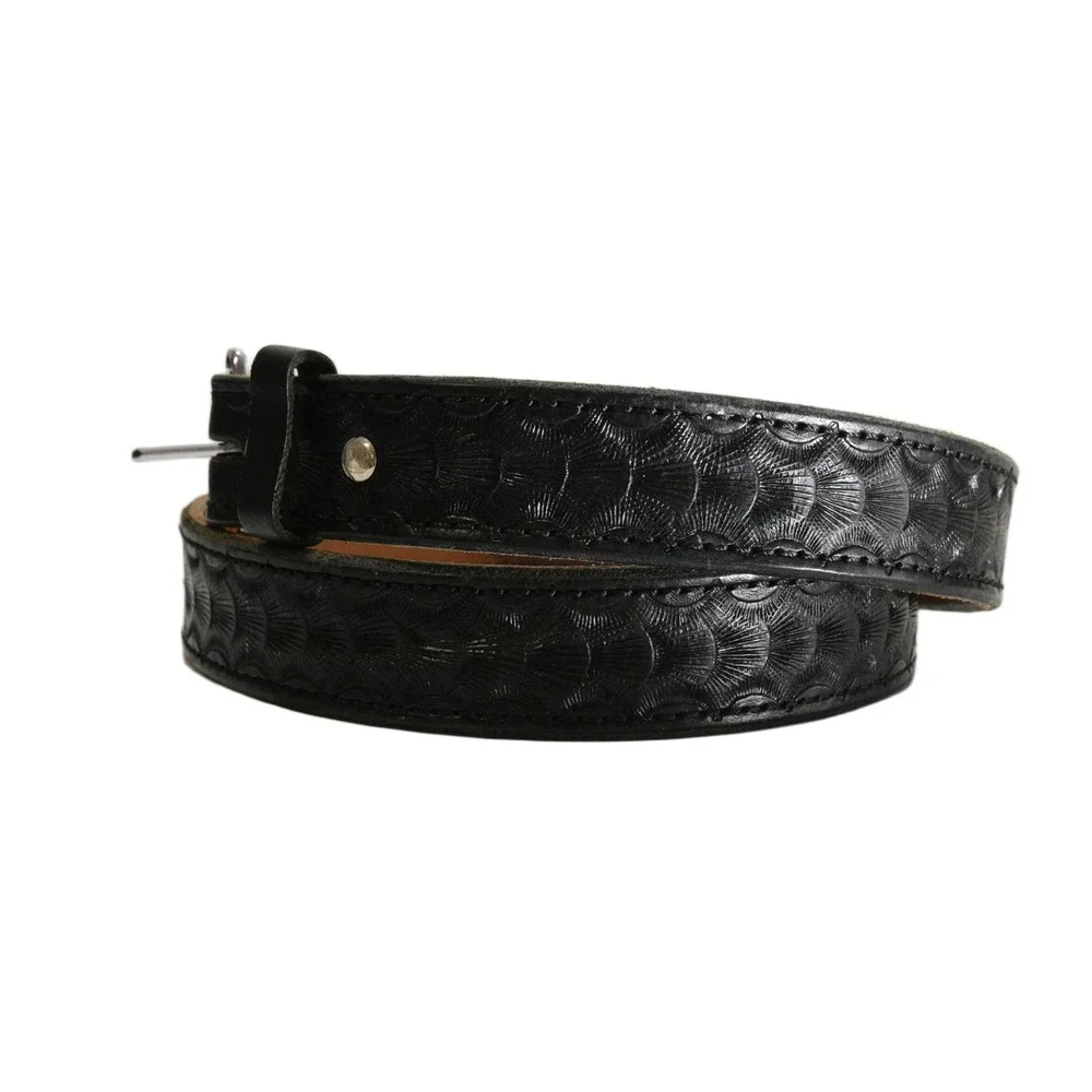 VTG Tooled Leather Western Belt Mens 42 Black Fan Pattern Amerihide USA Made